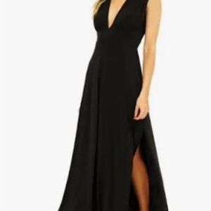 BLACK STRETCH DEEP V MAXI DRESS